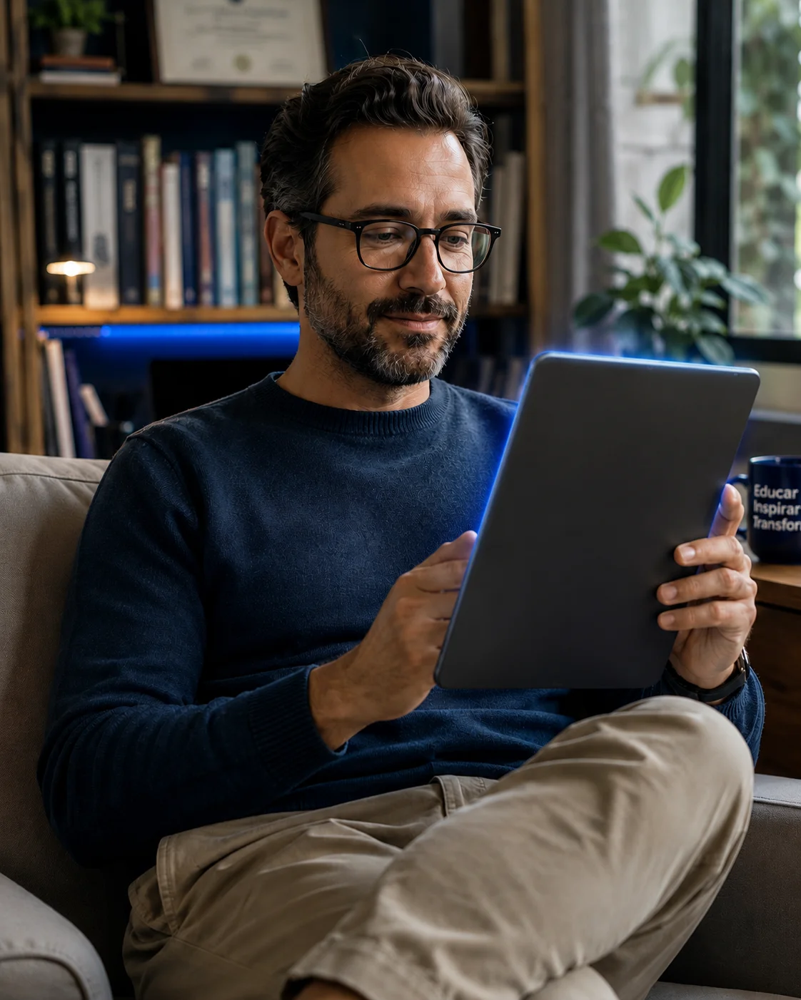 Docente revisando el material El Docente Consultor en una tablet