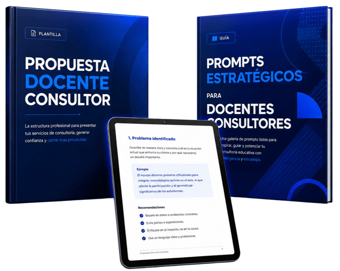 Mockup de los materiales El Docente Consultor junto a una tablet con una página interna